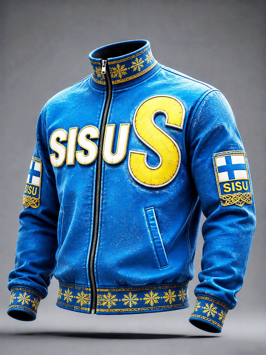 Miesten sininen suomalainen sotilas-tyyli Sisu Spirit 3D-tulostettu Zip-Up-takki