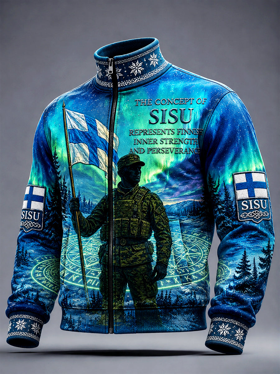Miesten Suomen sotilaallinen innoittama 'Sisu' Tulosta Casual Zip-Up Takti