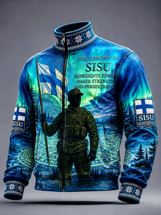 Miesten Suomen sotilaallinen innoittama 'Sisu' Tulosta Casual Zip-Up Takti
