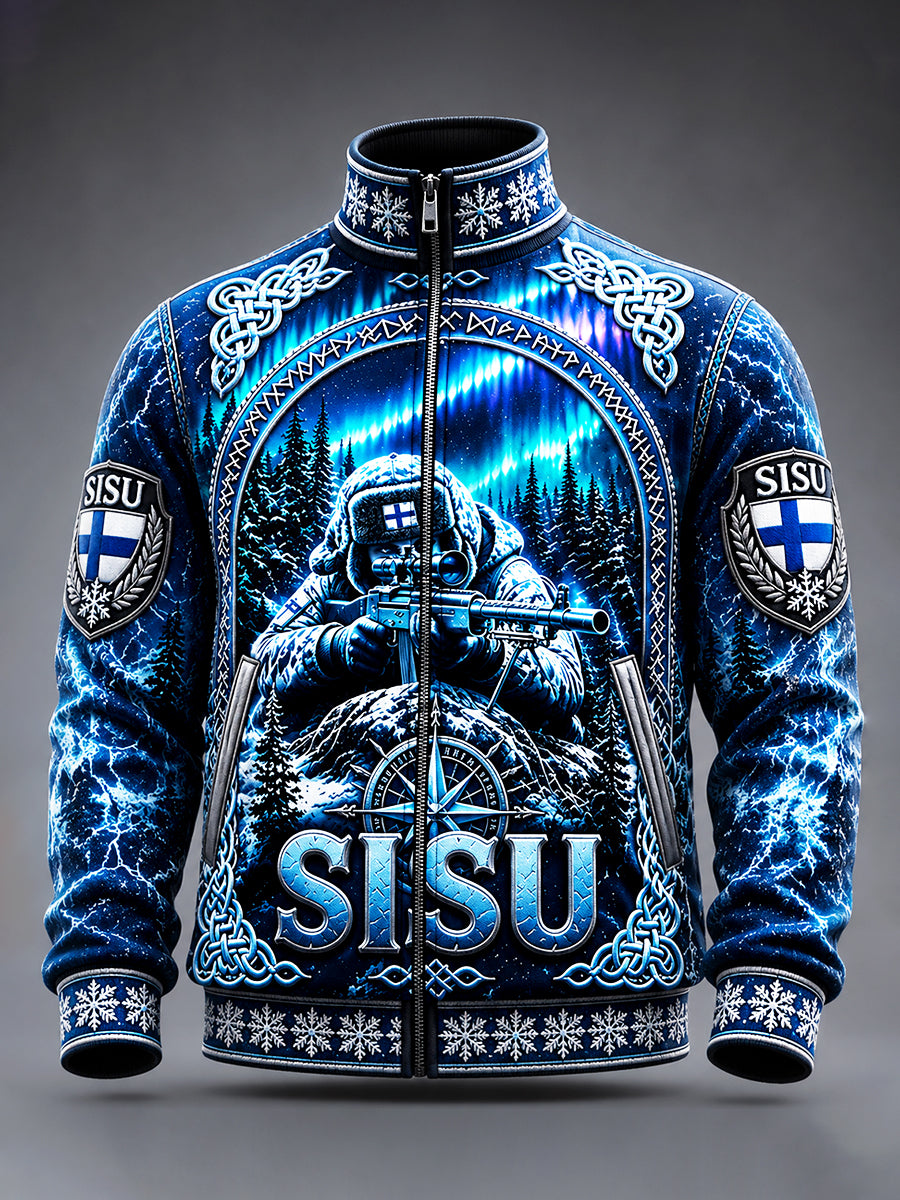 Miesten sininen suomalainen sotilaallinen 'Sisu' Henkipainettu Zip-Up-takki