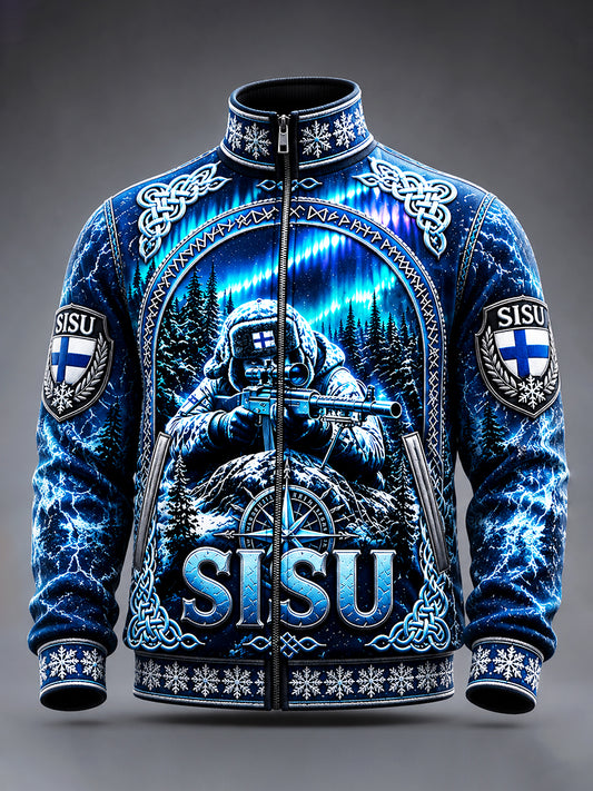 Miesten sininen suomalainen sotilaallinen 'Sisu' Henkipainettu Zip-Up-takki
