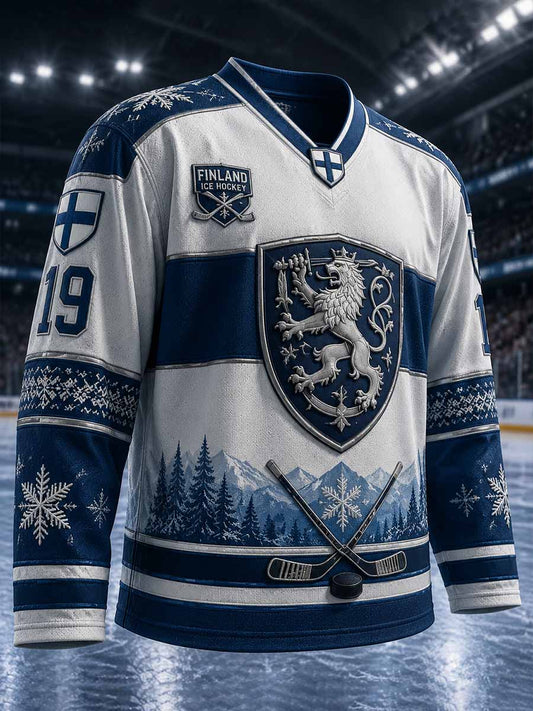 Miesten Vintage Finland Jääkiekko Painettu pitkähiha T-paito