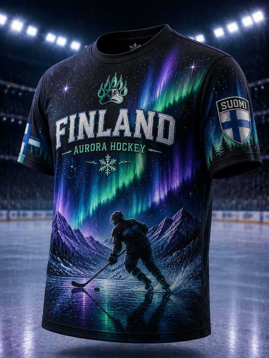 Miesten vintage Suomi-jääkiekkokuosilla painettu t-paita