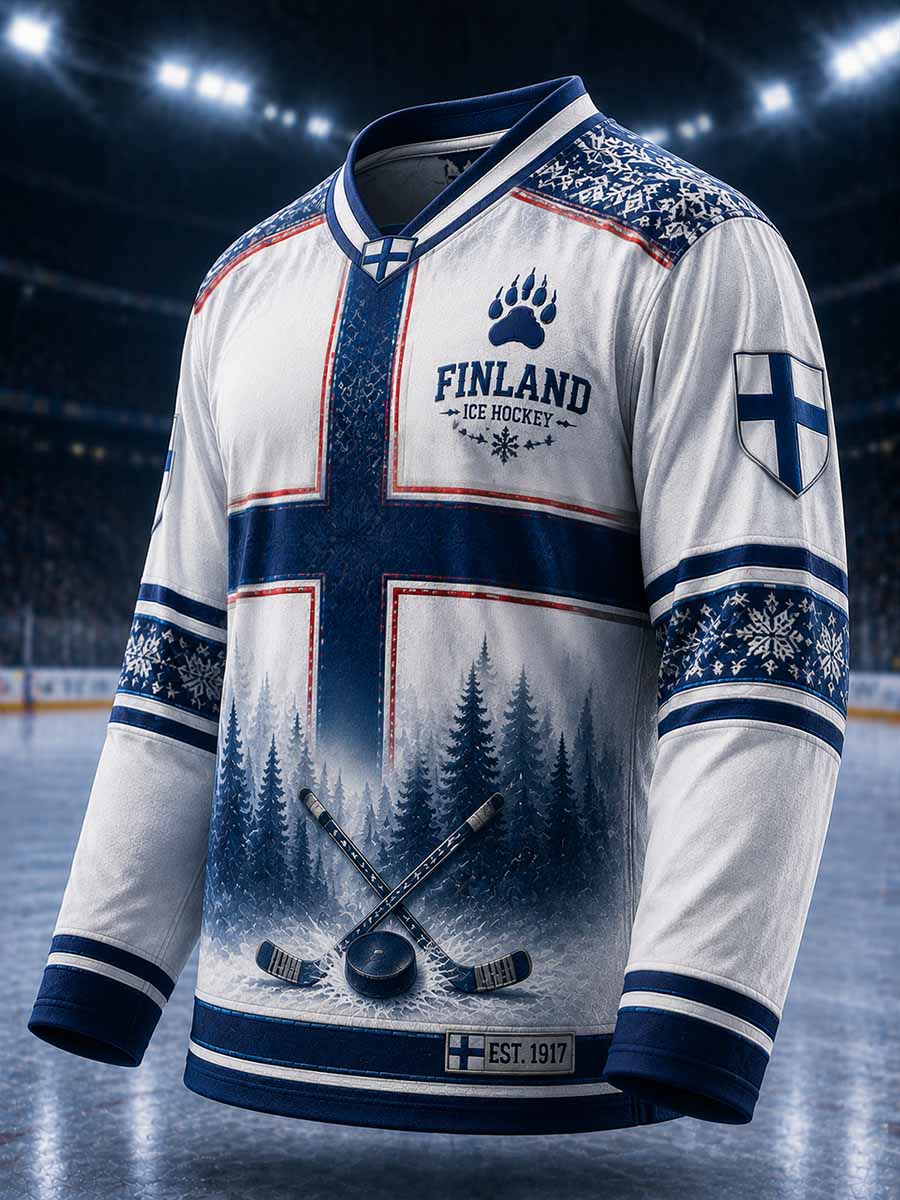 Miesten vintage Suomi-jääkiekko -painokuvioitu pitkähihainen t-paita