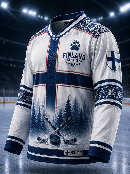 Miesten vintage Suomi-jääkiekko -painokuvioitu pitkähihainen t-paita