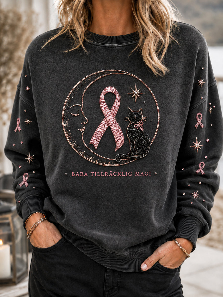 Kvinnor Retro Black Katt Sweatshirt för bröstcancer medvetenhet