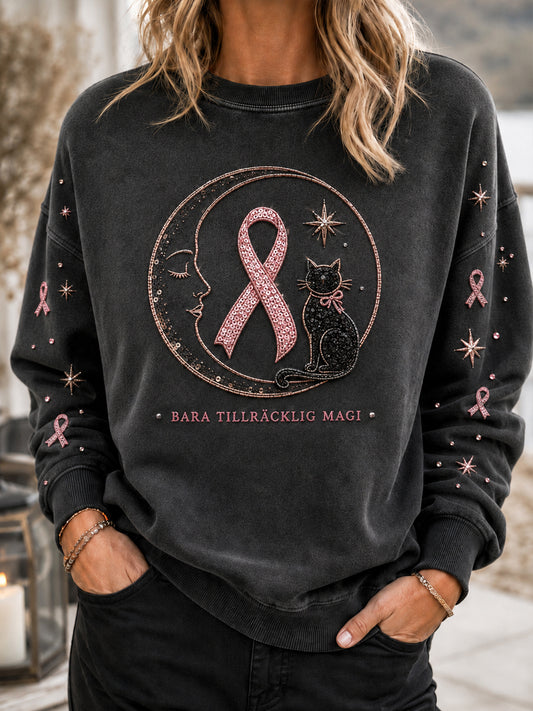 Kvinnor Retro Black Katt Sweatshirt för bröstcancer medvetenhet