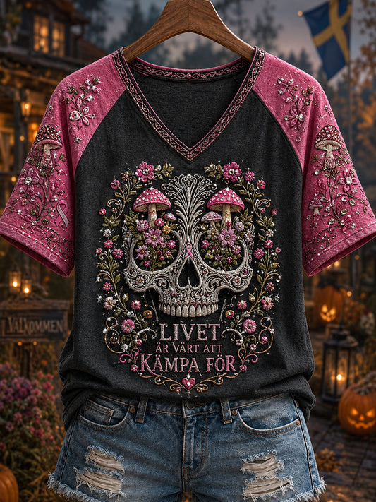 Kvinnors Retro Halloween Bröstcancer Skull T-shirt