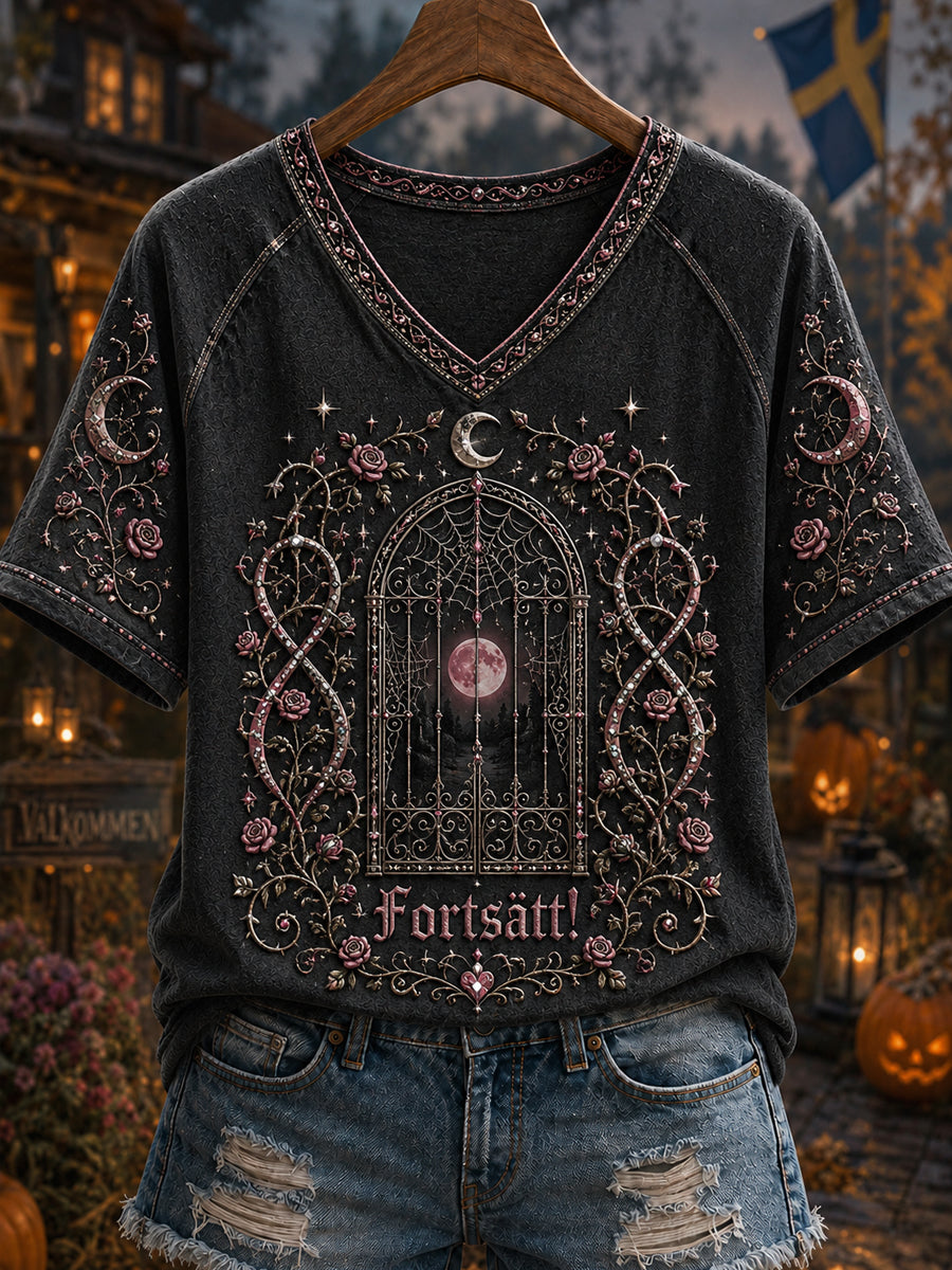 Kvinnors Retro Halloween Bröstcancer medvetenhet Rose T-shirt