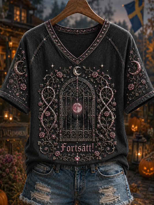 Kvinnors Retro Halloween Bröstcancer medvetenhet Rose T-shirt