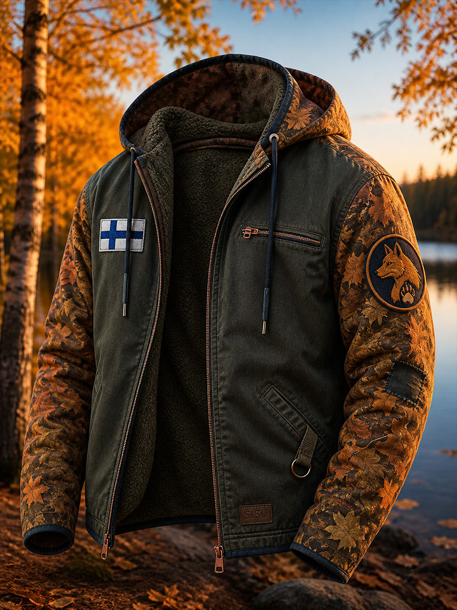 Mukava vetoketjullinen vapaa-ajan huppari, jossa on retrohenkinen suomalainen kuvatuloste