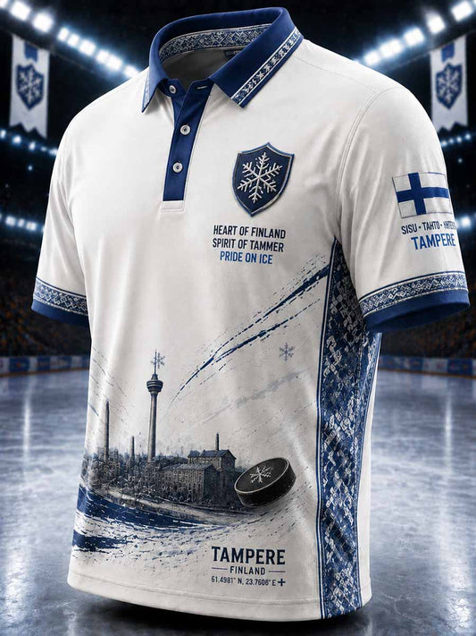 Miesten Suomi-jääkiekko Tampere kirvekuviollinen painettu poolopaita
