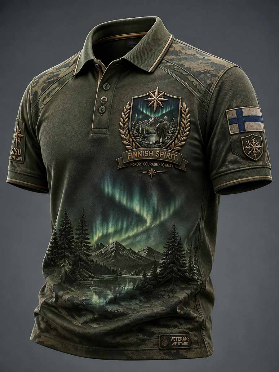Miesten vintage Suomi Sisu veteraanikuvioinen polopaita