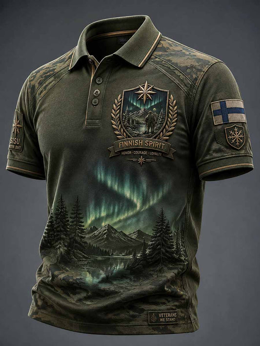 Miesten vintage Suomi Sisu veteraanikuvioinen polopaita