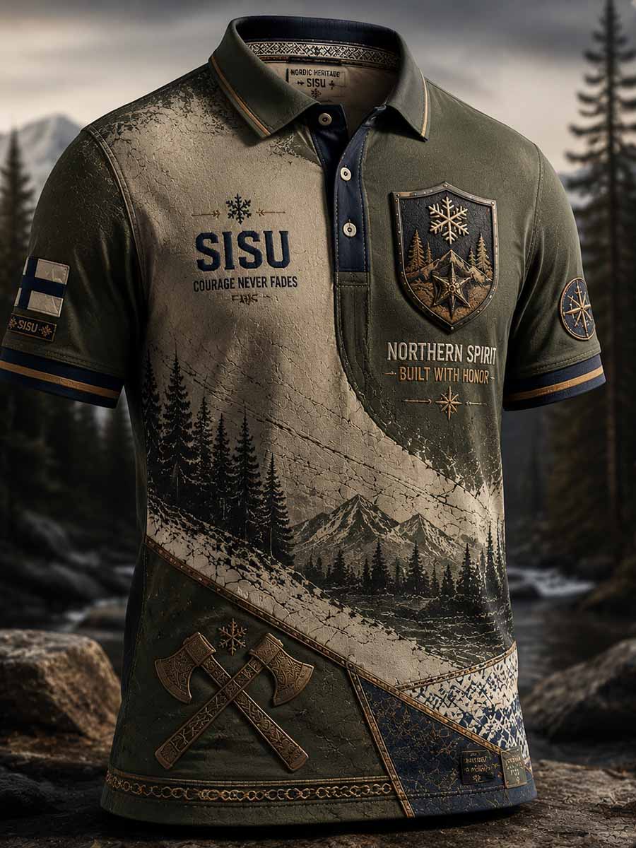 Miesten vintage Suomi Sisu veteraanikuvioinen polopaita