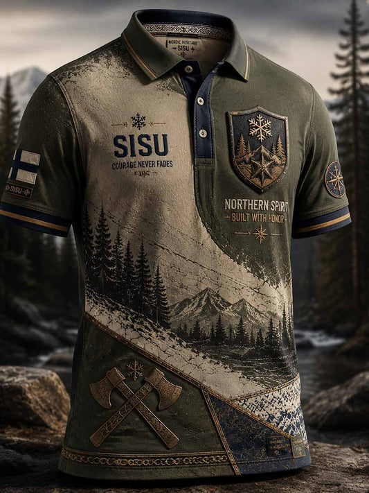 Miesten vintage Suomi Sisu veteraanikuvioinen polopaita
