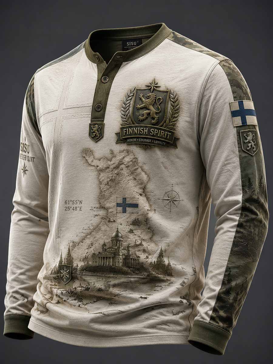 Miesten vintage Suomi Sisu veteraanikuosilla painettu pitkähihainen t-paita