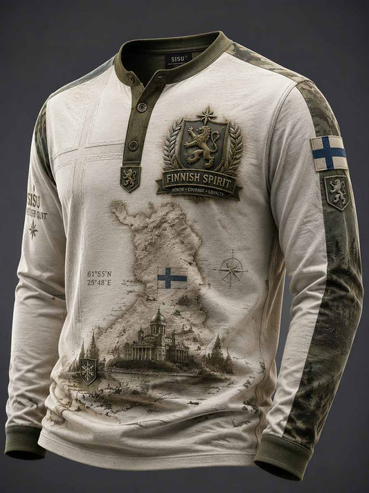 Miesten vintage Suomi Sisu veteraanikuosilla painettu pitkähihainen t-paita
