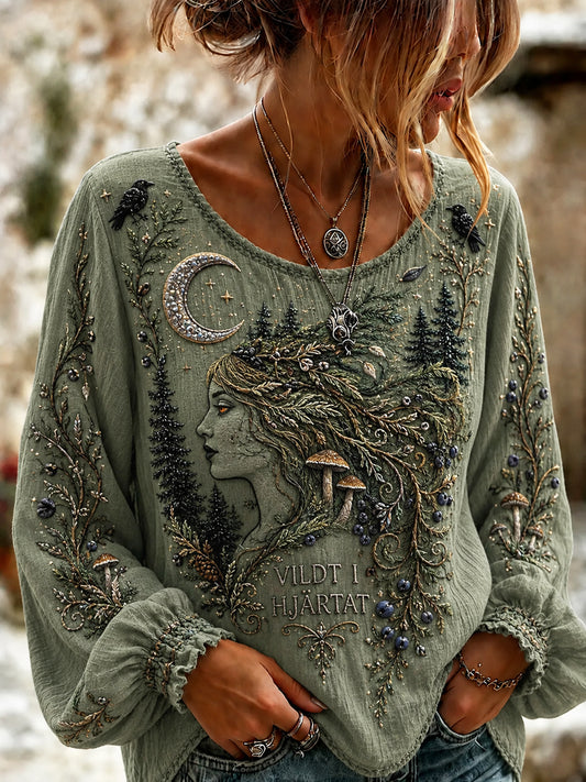 Kvinnors Vintage Halloween Nordic Forest Witch Konst Topp