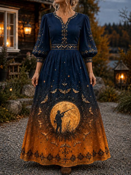 Kvinnors Vintage Halloween jakt-tema V-hals klänning