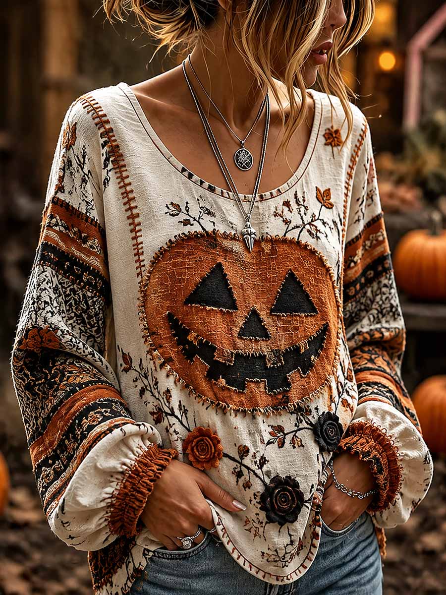 Vintage-halloweentröja för kvinnor med mönstertryck