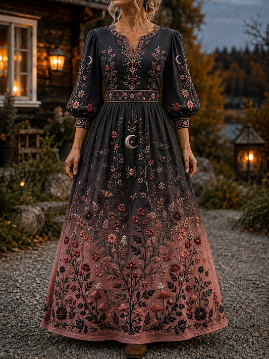 Kvinnors Vintage Halloween Nordic Floral konst V-hals klänning