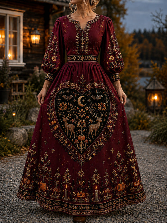 Kvinnors Vintage Halloween Nordic Forest Art V-Hack klänning