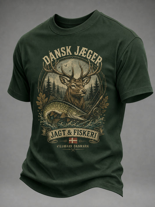 Mænds kortærme T-shirt med udendørs jagt-tema print