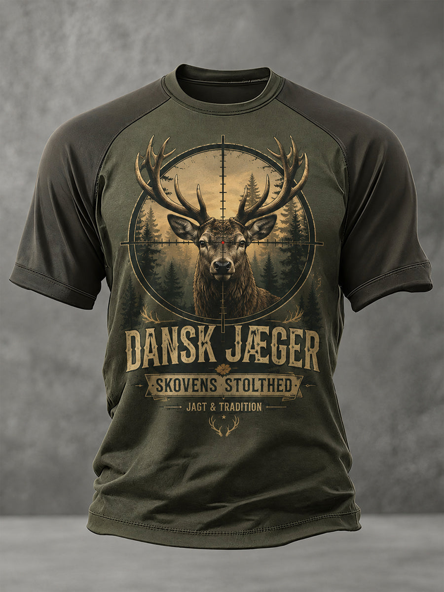 Mænds raglan-T-shirt med korte ærmer og udendørsjagtmotiv