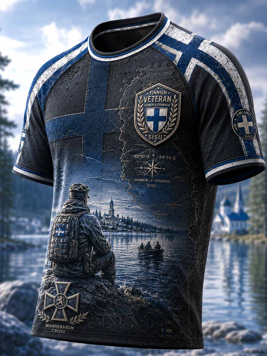 Miesten vintage-suomalainen Veteraani-Sisu-hengen muistopaita painokuvioinnilla