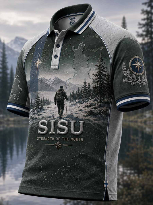 Miesten suomalainen veteraanien Sisu-hengen perintöä kuvaava printtipolopaita