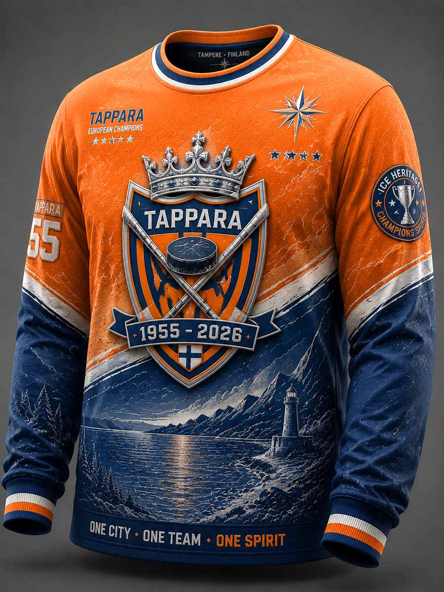 Miesten vintagetyylinen jääkiekko Tappara 1955 -juhlapainoksettu collegepaita