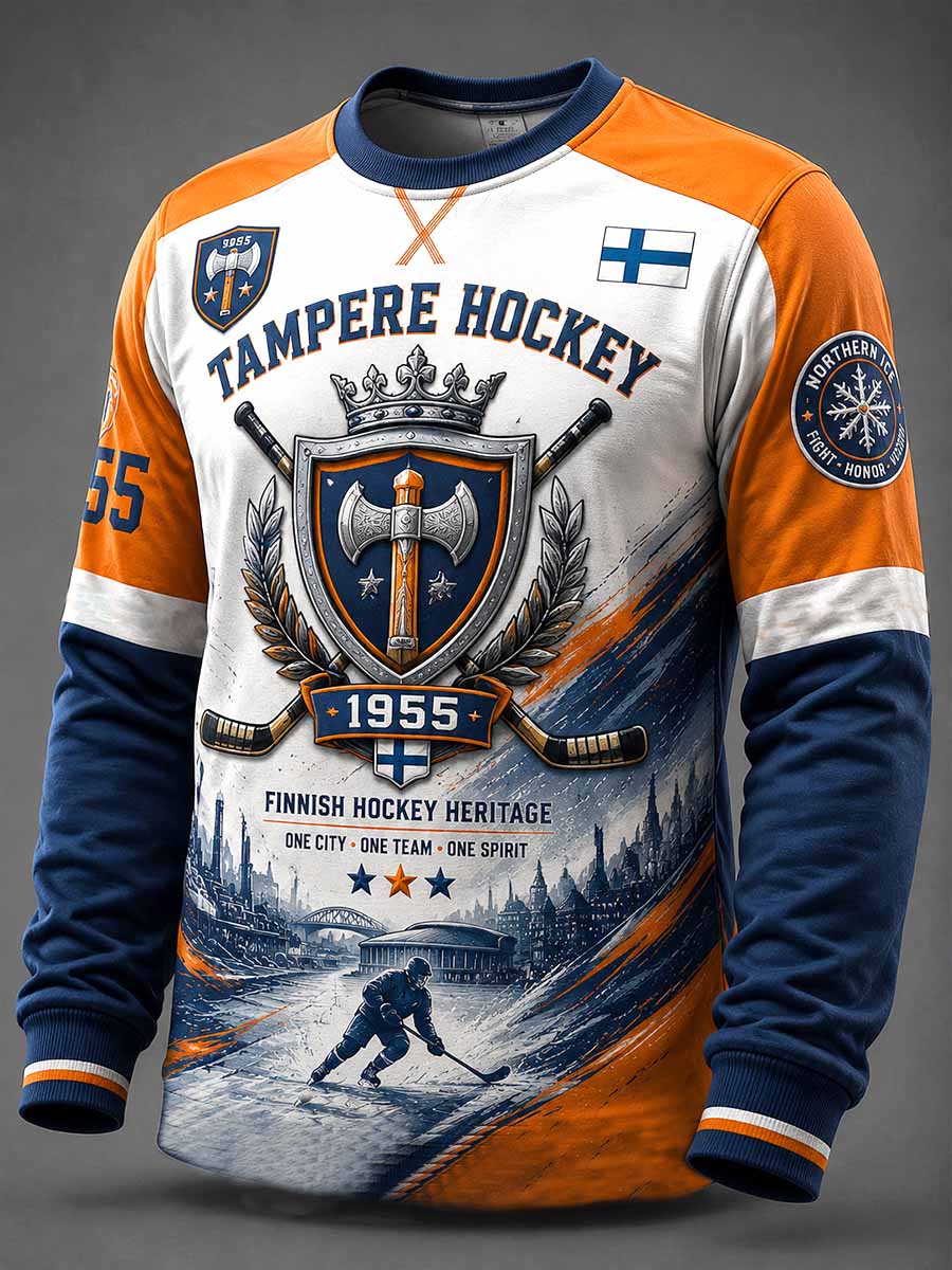 Miesten vintagetyylinen jääkiekko Tappara 1955 -juhlapainoksettu collegepaita