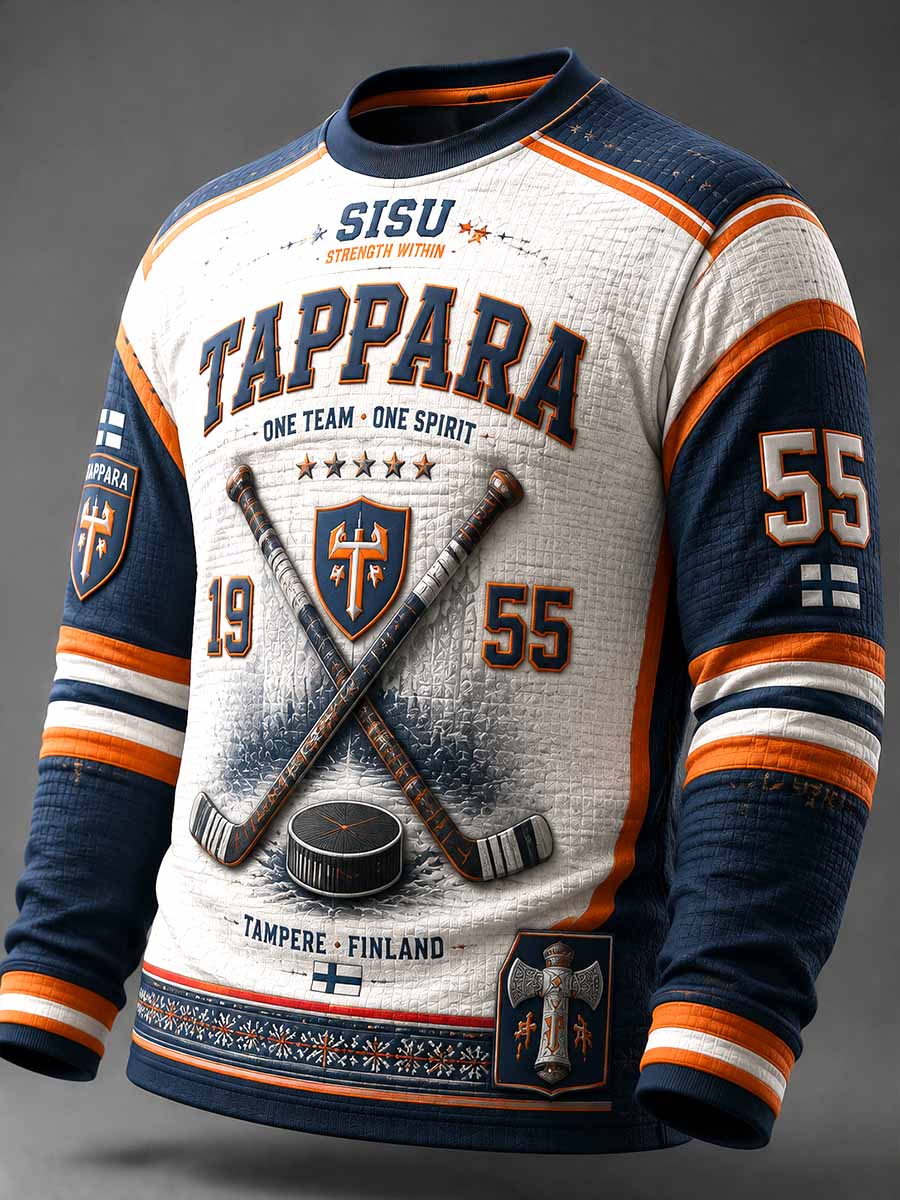 Miesten vintagetyylinen jääkiekko Tappara 1955 -juhlapainoksettu collegepaita