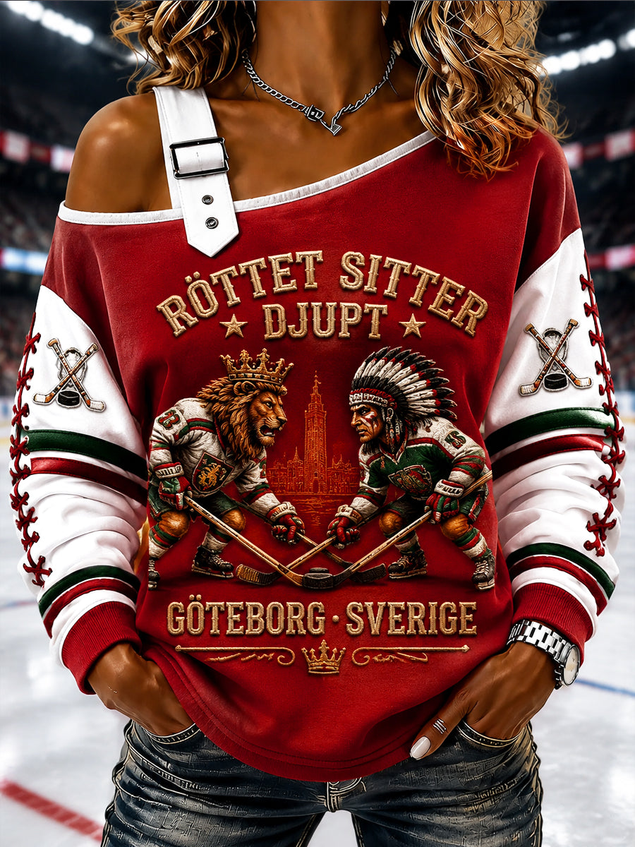 Damsweater i Göteborgshockey-stil med off-shoulder och avslappnad passform