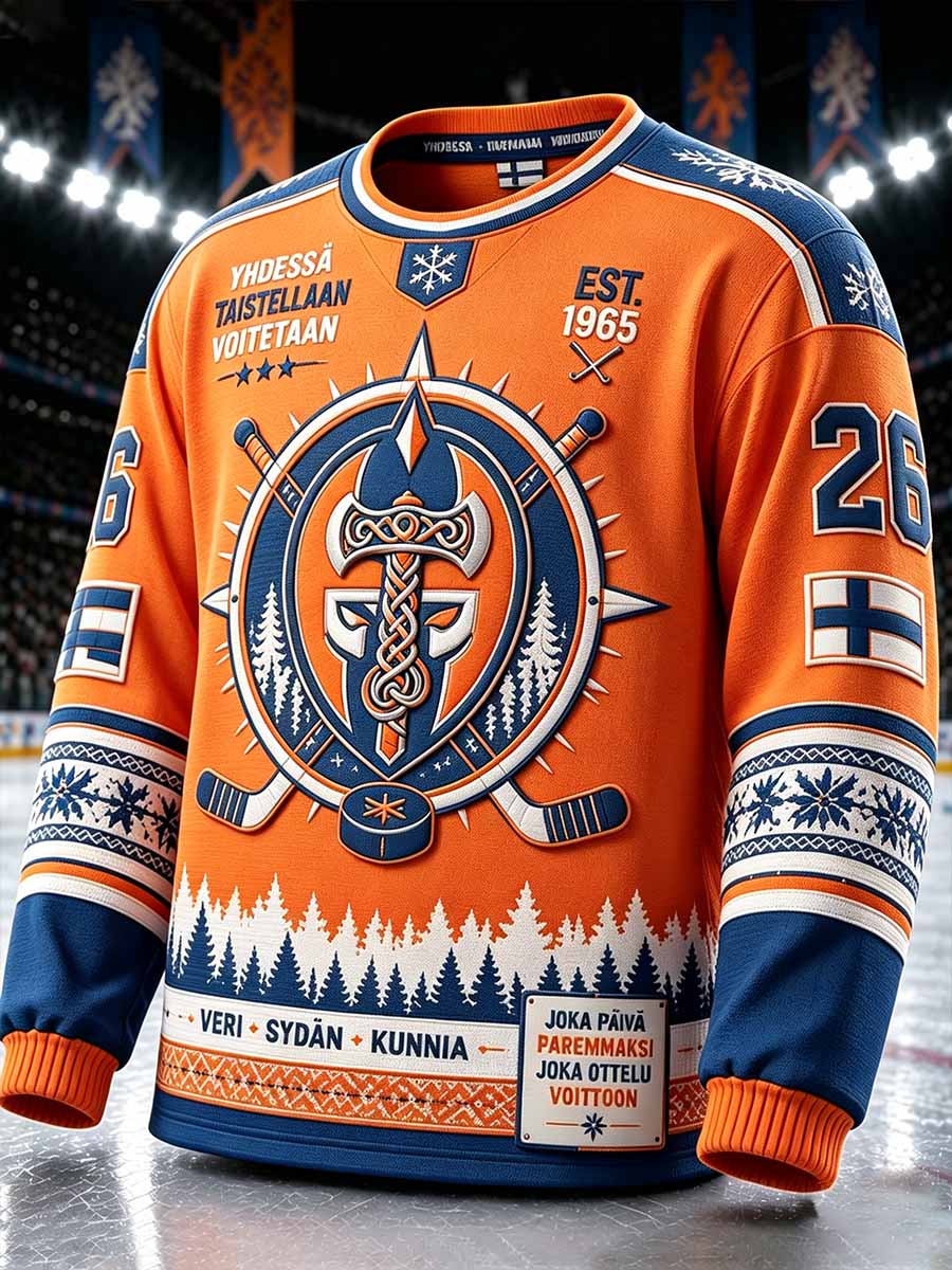Miesten jääkiekko 1955 -muistopainatuksella varustettu collegepaita