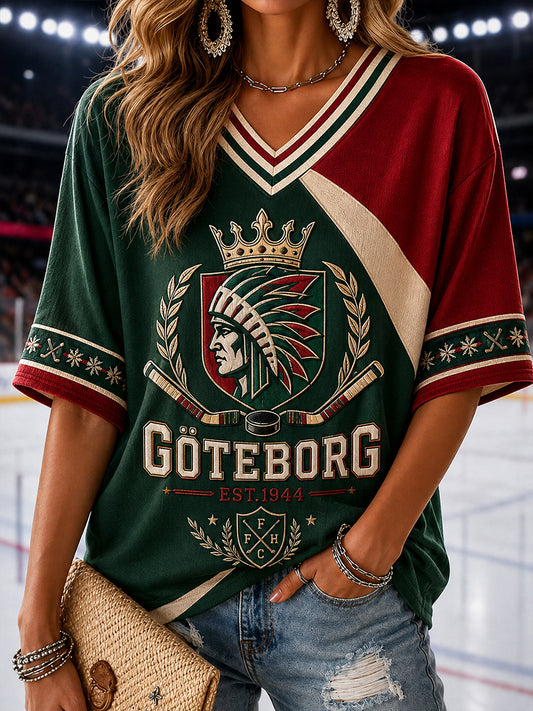 Damtröja i vintagestil från Göteborg Hockey, med broderat mönster, linne och v-ringning