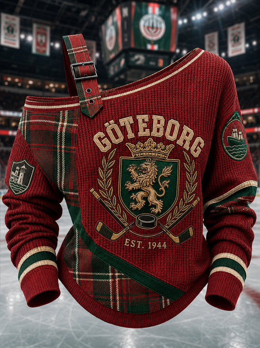 Vintage Göteborg Hockey-printad avslappnad axellös tröja för kvinnor