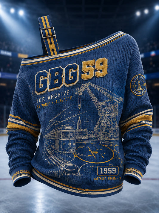 Vintage Göteborg Hockey-printad avslappnad axellös tröja för kvinnor