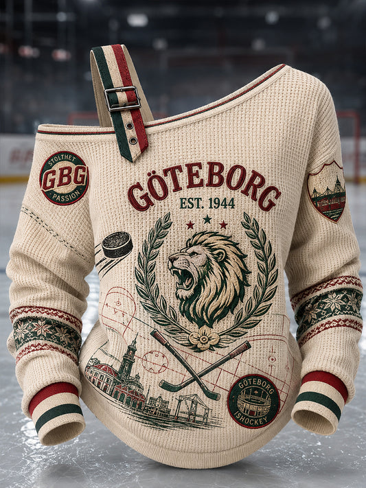 Vintage Göteborg Hockey-printad avslappnad axellös tröja för kvinnor
