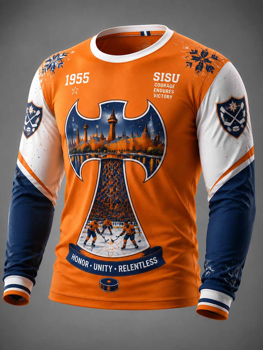 Miesten vintage-luistelua muistava painokuviollinen collegepaita