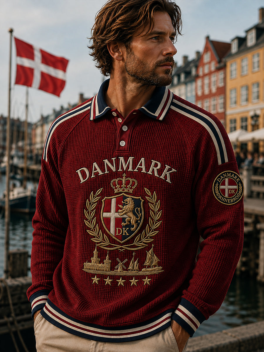 Herrepolo med lange ærmer og dansk patriotisk stil
