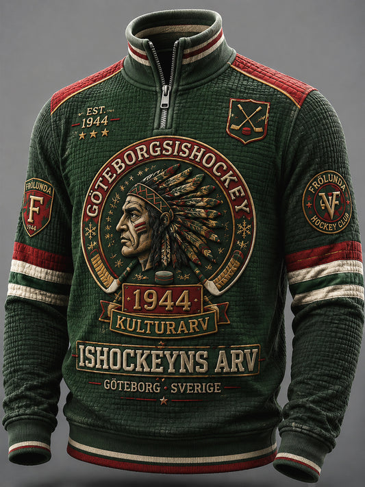 Vintage Göteborgshockey-våffelstickat patchwork-luftkapptröja med dragkedja