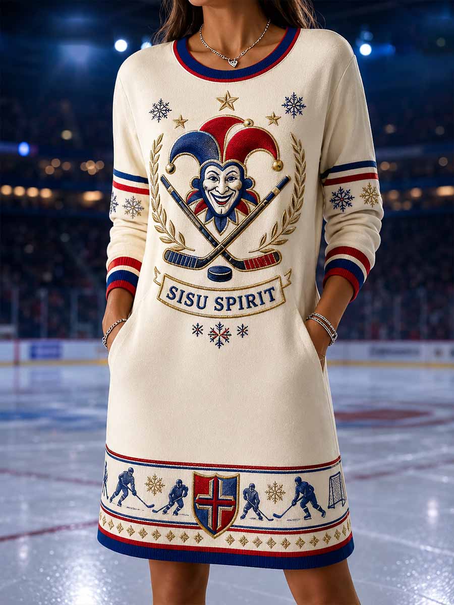 Naisten retro Jokerit Helsingin jääkiekkoa muistava pitkähihmainen mekko painokuvioinnilla