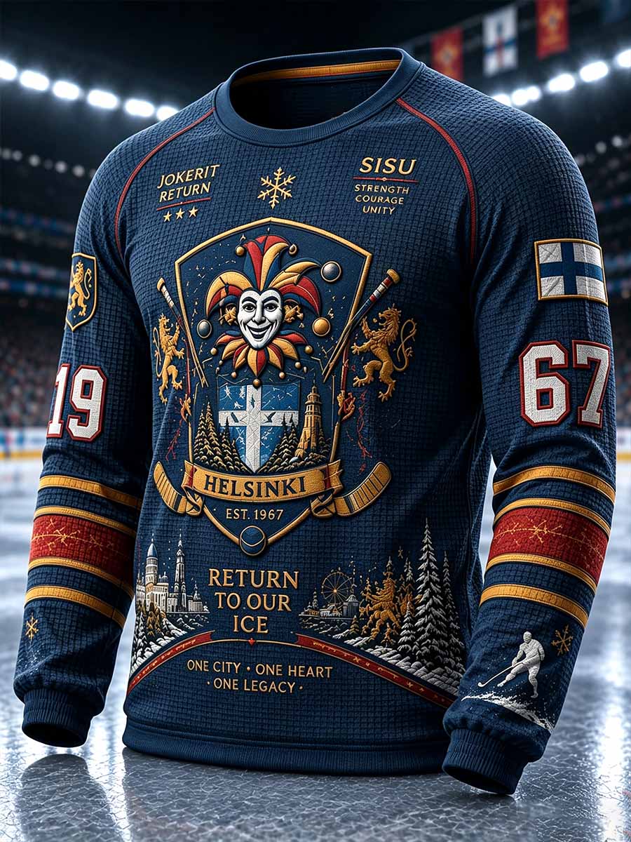 Miesten Jokerit Helsingin jääkiekkoa muistava painokuviollinen collegepaita