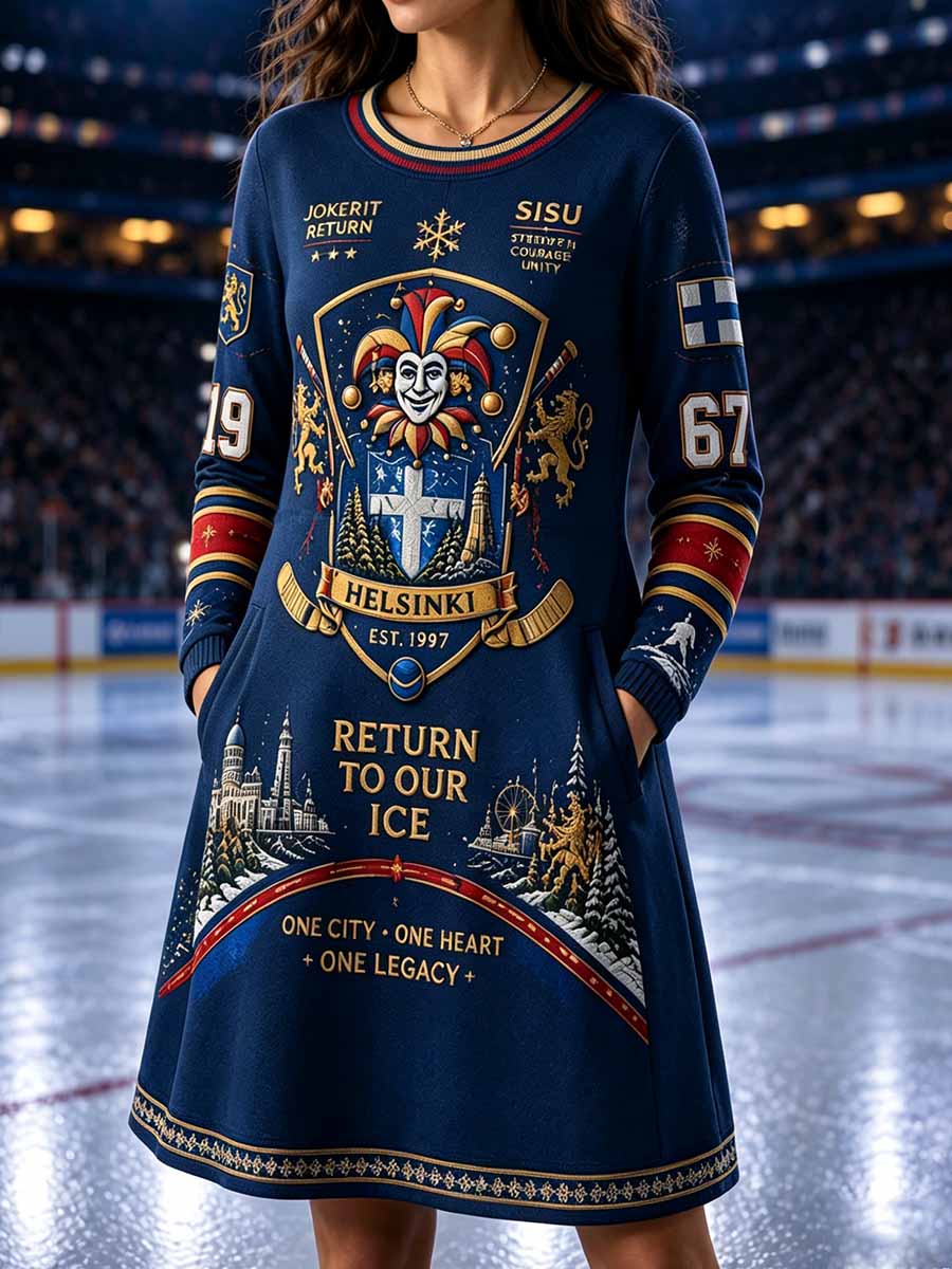 Naisten Jokerit Helsingin jääkiekkoa muistava printtipaitamekko