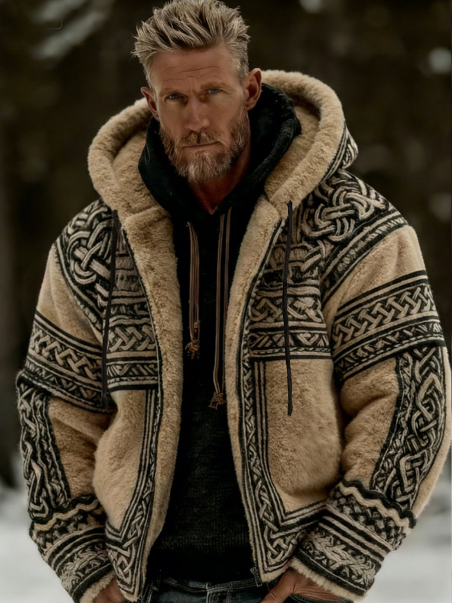 Herrlig viking- och keltiskt konstnärlig plyschjacka i flanell med dragkedja och huva, mysigt varm