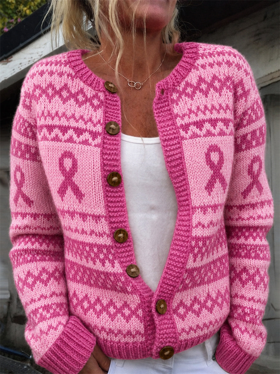 Kvinnors bröstcancer medvetenhet Pink Ribbon Isle Print Mysig Cardigan