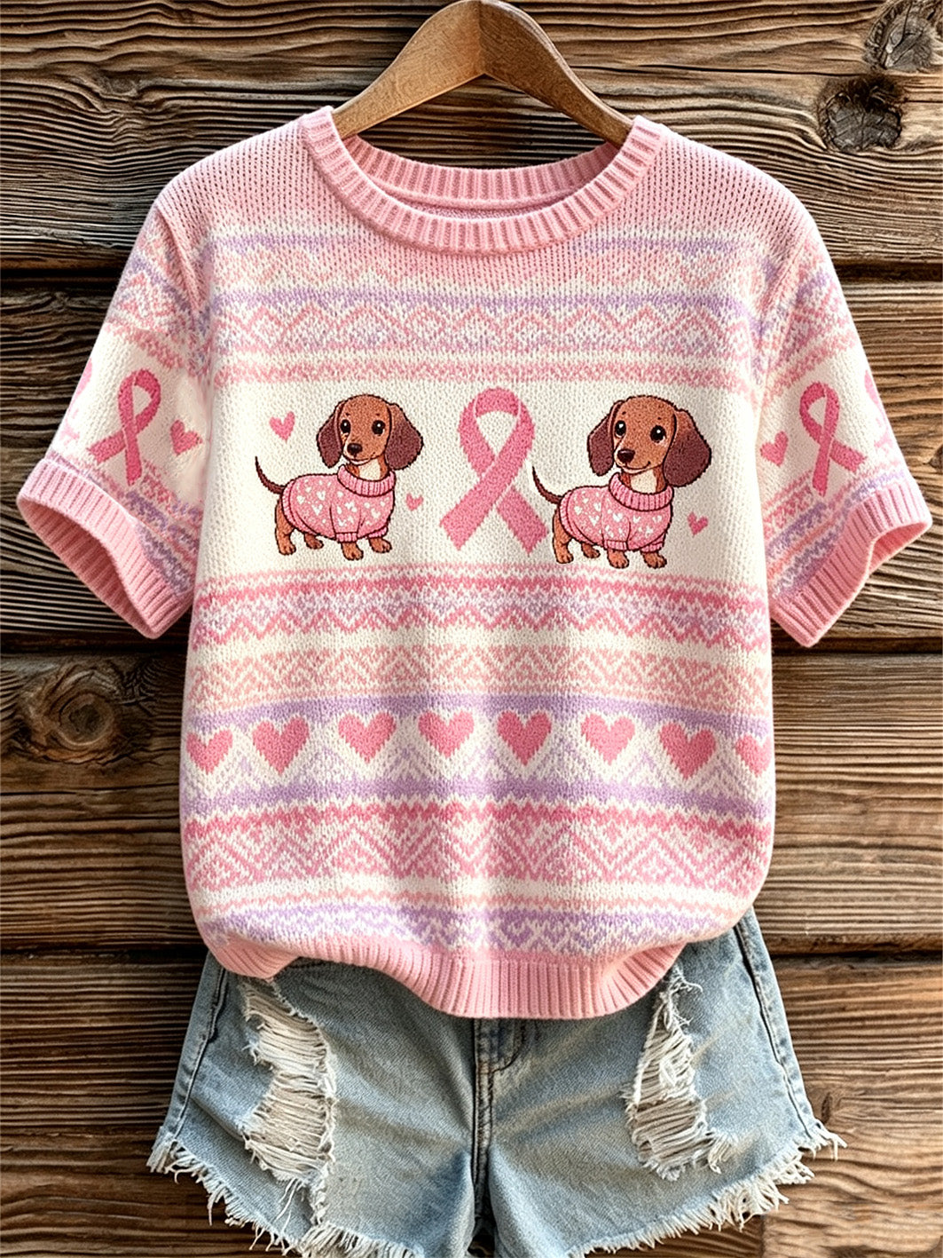 Kvinnlig söt topp i casual stil med hund- och rosa välgörenhetsbandsmönster