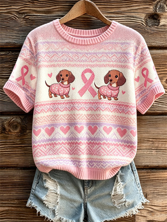Kvinnlig söt topp i casual stil med hund- och rosa välgörenhetsbandsmönster